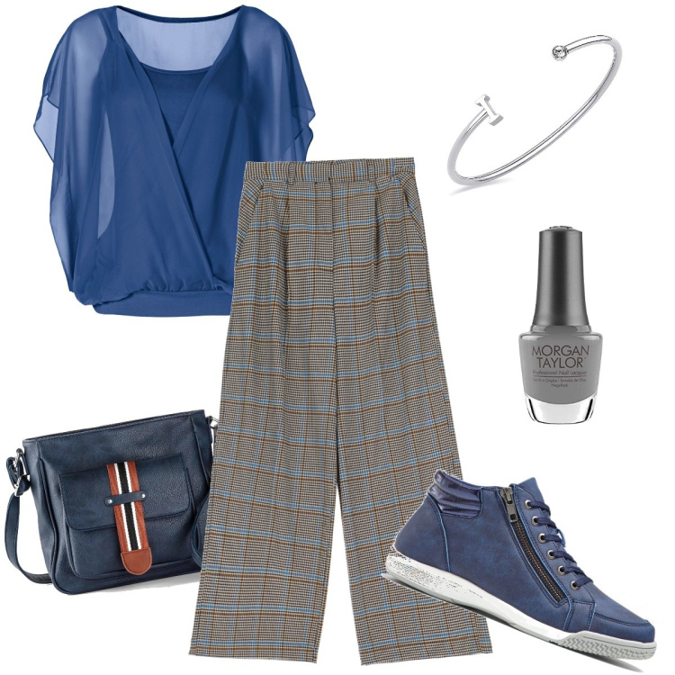 Outfit donna - Le sneakers alte. Stile Casual chic per Tutti i giorni. Abbinamento con sneakers alte, bluse, borse a tracolla, braccialetti, pantaloni a palazzo, smalti.