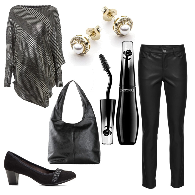 Outfit donna - Look femminile con décolleté. Stile Casual per Tutti i giorni. Abbinamento con décolleté, maglieria, pantaloni, borse a spalla, orecchini, mascara.