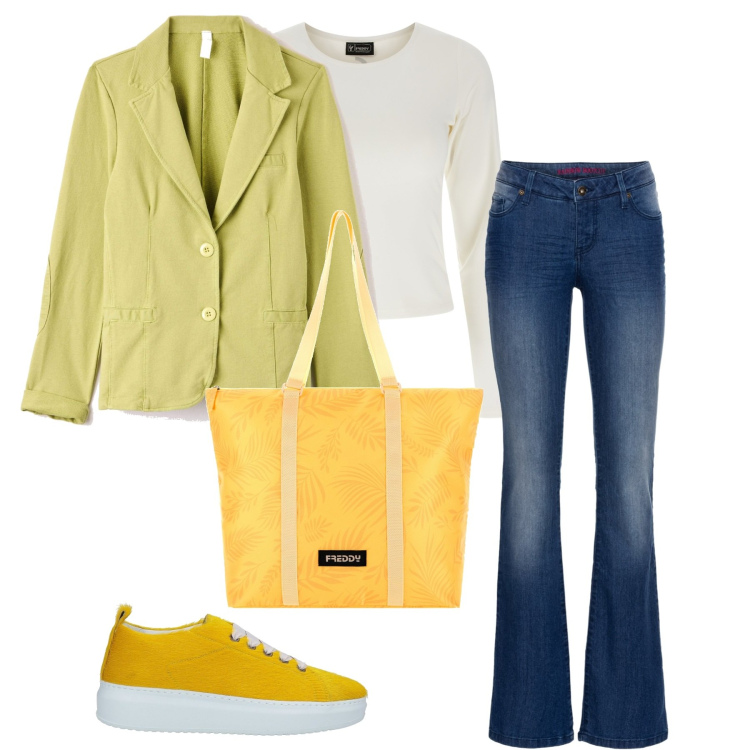 Outfit donna - Jeans e sneakers. Stile Basic per Scuola/Università. Abbinamento con jeans bootcut, sneakers, giacche, borse tote, t-shirt.