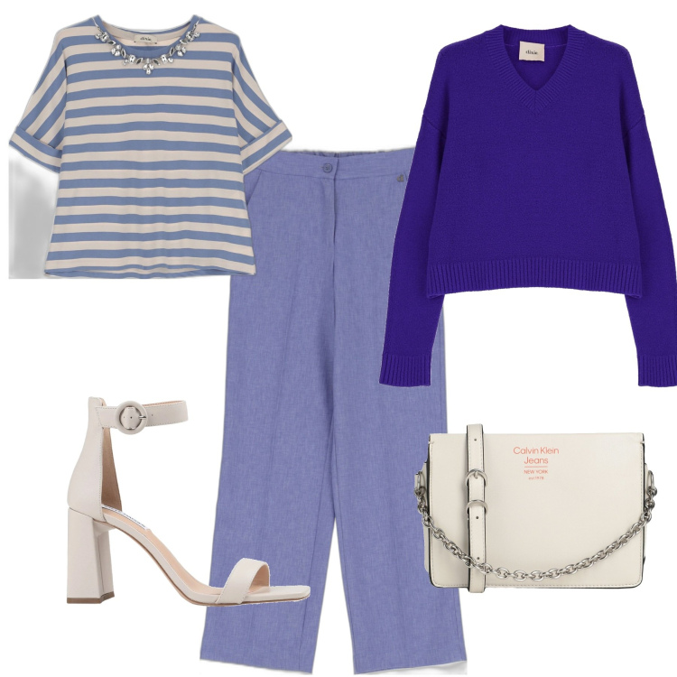 Outfit donna - Per il ritorno al lavoro. Stile Casual chic per Ufficio. Abbinamento con maglieria, t-shirt, pantaloni, borse a mano, sandali col tacco.