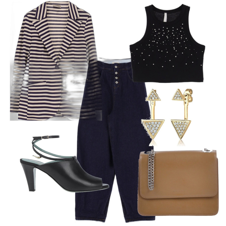 Outfit donna - Casual in ufficio. Stile Casual chic per Ufficio. Abbinamento con top, giacche, jeans, sandali in pelle, borse a tracolla, orecchini.