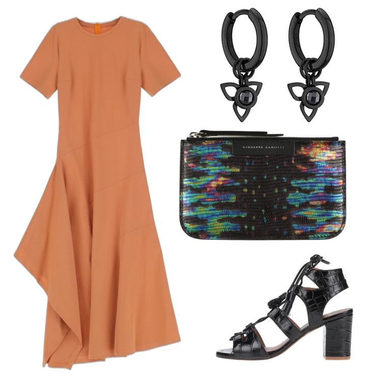 Outfit donna - Per un aperitivo con gli amici. Stile Glamour per Serata fuori. Abbinamento con vestiti asimmetrici, sandali in pelle, pochette, orecchini.