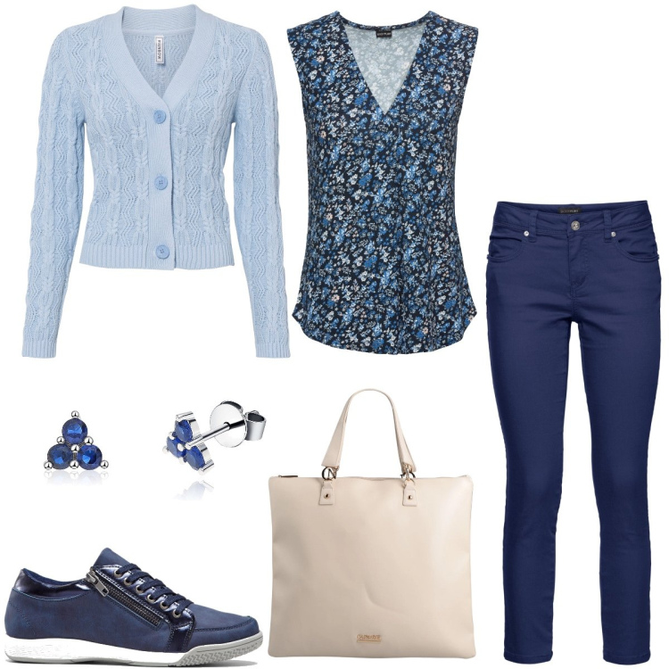 Outfit donna - Al mercato. Stile Casual per Tutti i giorni. Abbinamento con top, sneakers alte, cardigans, pantaloni, borse a mano, orecchini.