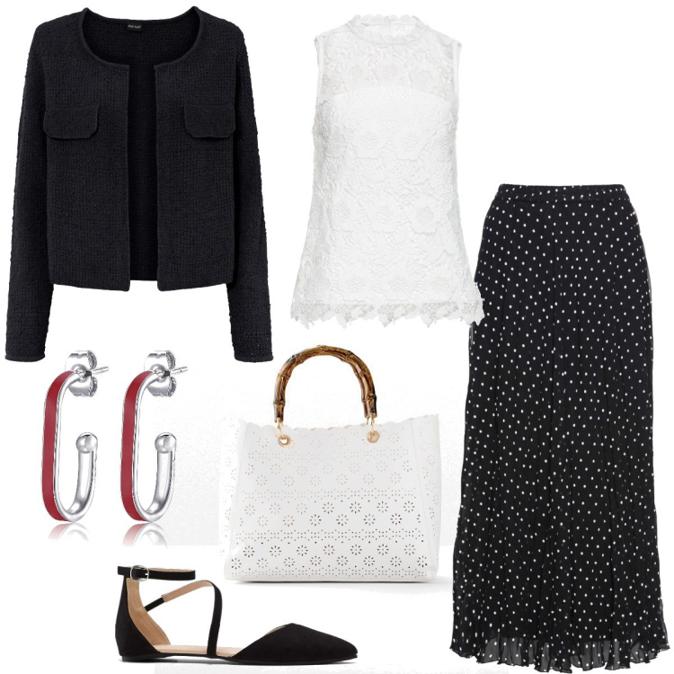 Outfit donna - Al museo. Stile Chic per Tutti i giorni. Abbinamento con gonne, top, cardigans, borse a mano, ballerine, orecchini.