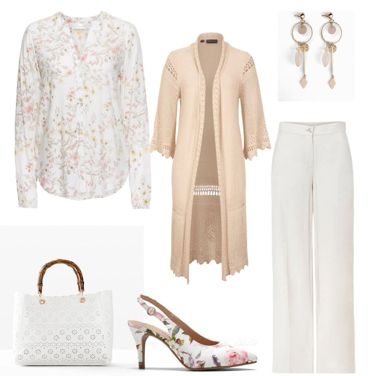 Outfit donna - Casual #8323. Stile Casual per Ufficio. Abbinamento con cardigans, camicie, orecchini, pantaloni a palazzo, borse a mano, décolleté.