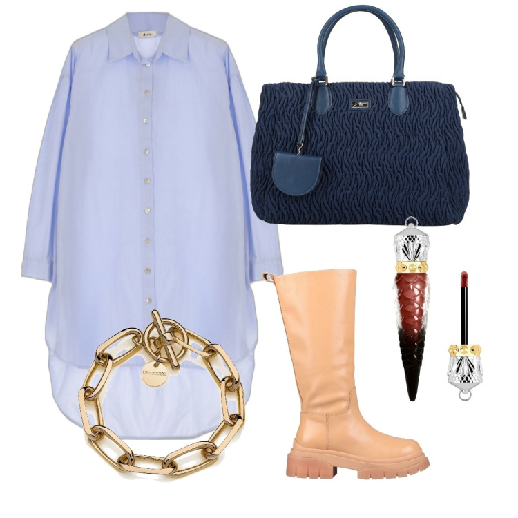 Outfit donna - Total look #1592558. Stile Urban per Tutti i giorni. Abbinamento con stivali, borse a mano, braccialetti, vestiti asimmetrici, rossetti.
