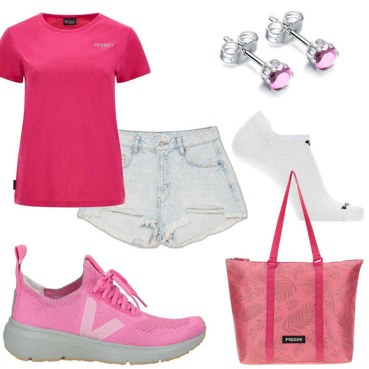 Outfit donna - Giorno in libertà. Stile Casual per Tutti i giorni. Abbinamento con sneakers, orecchini, shorts, calzini, t-shirt, borse tote.