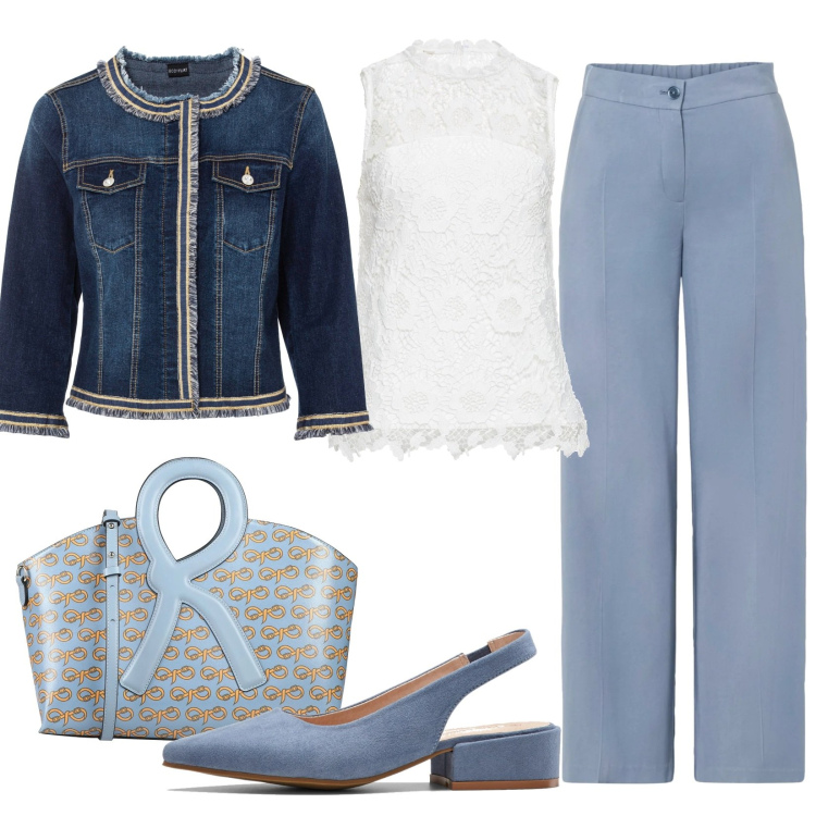 Outfit donna - Giacca denim in ufficio. Stile Casual chic per Ufficio. Abbinamento con blazer, décolleté, pantaloni a palazzo, top, borse a mano.