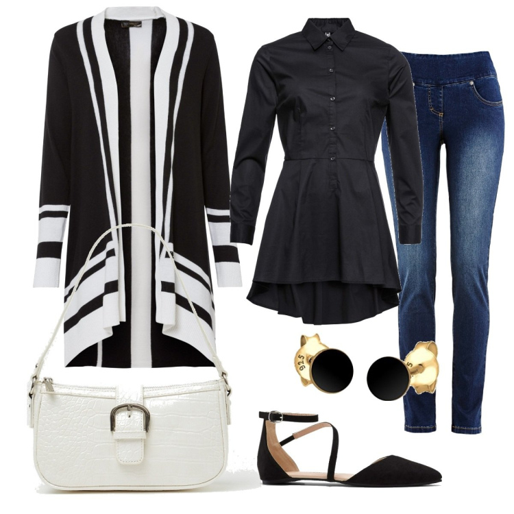 Outfit donna - Total look #1592738. Stile Sporty chic per Tutti i giorni. Abbinamento con camicie, jeans slim fit, cardigans, ballerine, borse a spalla, orecchini.