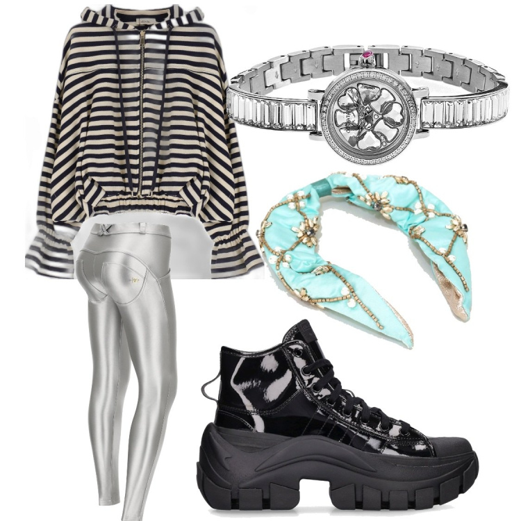 Outfit donna - A bit of metal. Stile Casual per Tutti i giorni. Abbinamento con orologi, pantaloni skinny, felpe con cappuccio, cerchietti, sneakers alte.