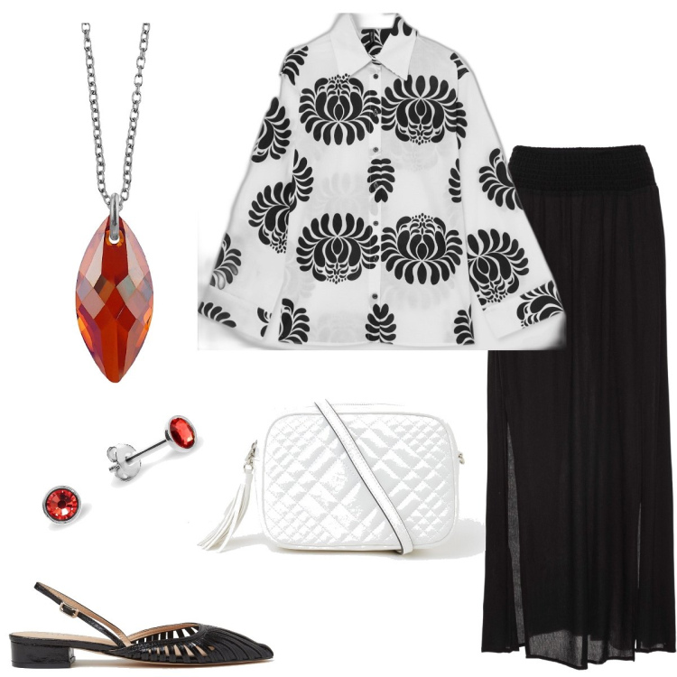 Outfit donna - Serata fuori. Stile Casual chic per Serata fuori. Abbinamento con gonne lunghe, orecchini, ciondoli, camicie, sandali, borse a tracolla.