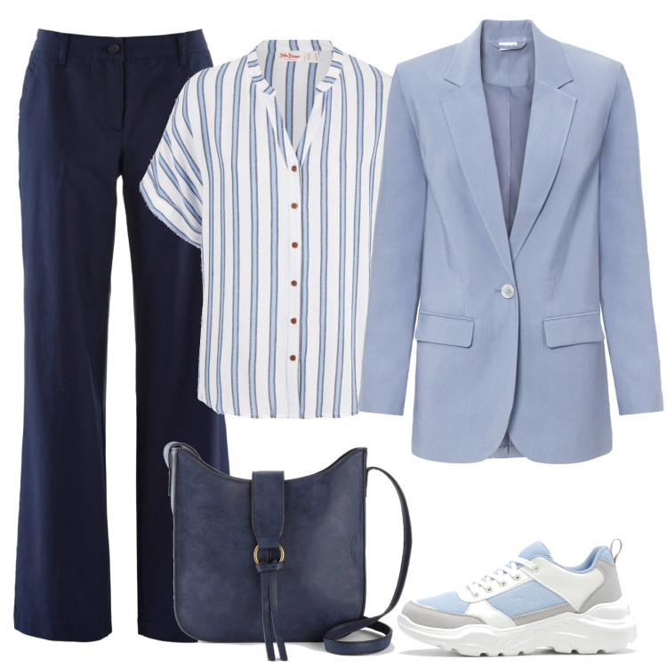 Outfit donna - In blu. Stile Casual chic per Tutti i giorni. Abbinamento con pantaloni, camicie, sneakers, blazer, borse a tracolla.