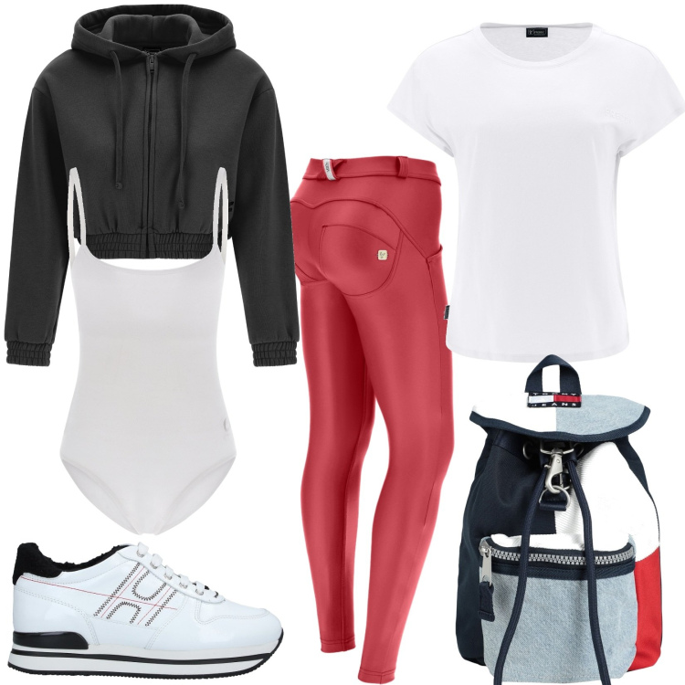 Outfit donna - Sport Fiammante. Stile Sporty chic per Sport. Abbinamento con sneakers, zaini, body, pantaloni skinny, felpe con cappuccio, t-shirt.