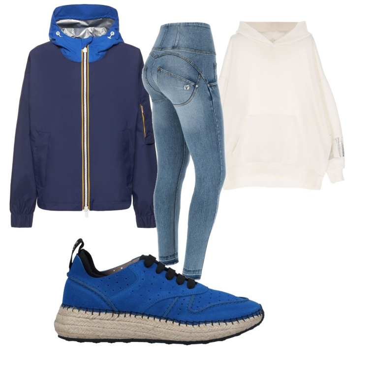 Outfit donna - Giubbino blu con cappuccio. Stile Casual per Tutti i giorni. Abbinamento con espadrillas, felpe con cappuccio, jeans skinny, giacche.