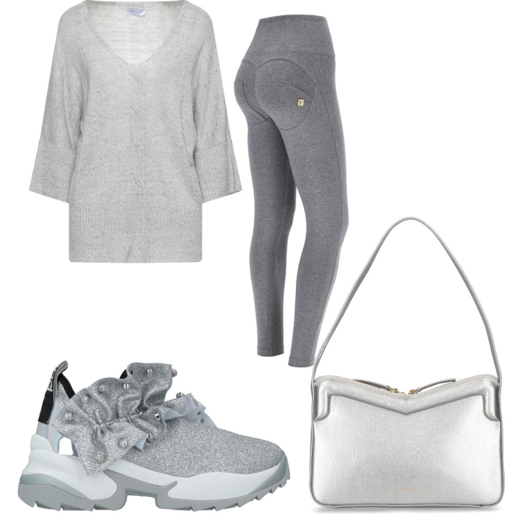 Outfit donna - Sneakers argento con rouche. Stile Basic per Tutti i giorni. Abbinamento con pullovers, sneakers, pantaloni skinny, borse a spalla.