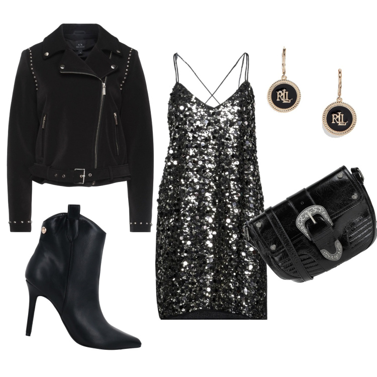 Outfit donna - Total black. Stile Rock per Serata fuori. Abbinamento con orecchini, vestiti corti, giacche, stivaletti, borse a tracolla.