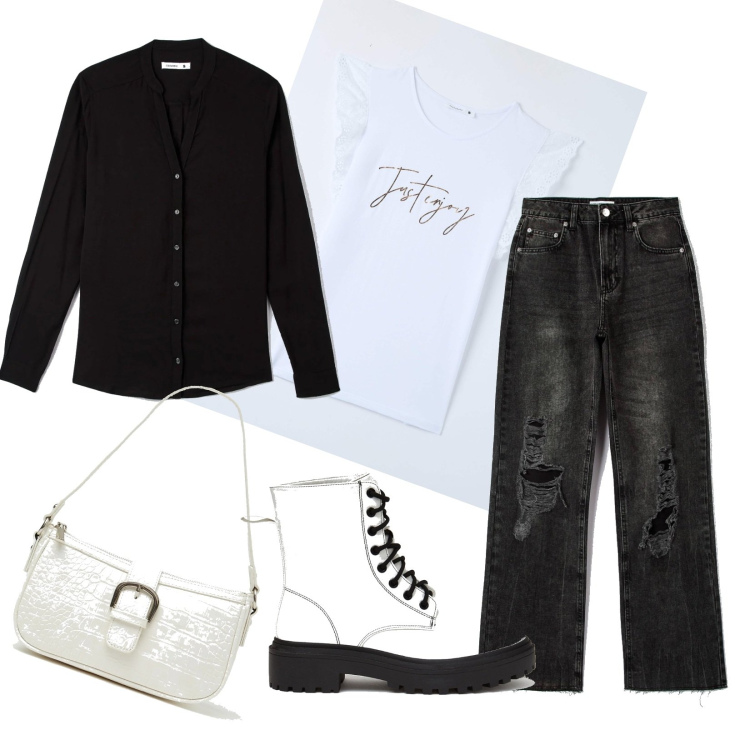 Outfit donna - Bianco e nero. Stile Basic per Scuola/Università. Abbinamento con borse a spalla, anfibi, jeans strappati, camicie, t-shirt.