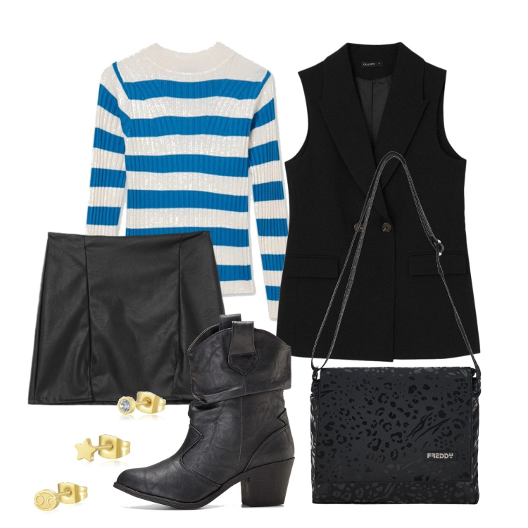 Outfit donna - Ghost outfitter - aprile. Stile Trendy per Tutti i giorni. Abbinamento con stivaletti texani, orecchini, maglieria, gilet, gonne, borse a tracolla.