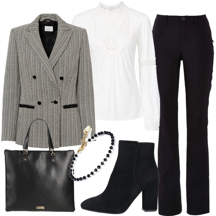 Outfit donna - Total look #1593365. Stile Casual chic per Ufficio. Abbinamento con pantaloni, blazer, maglieria, borse a mano, stivaletti, braccialetti.