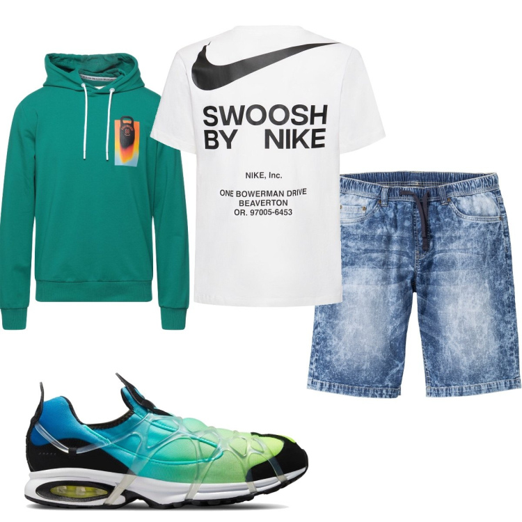 Outfit uomo - Total look #1593402. Stile Trendy per Tutti i giorni. Abbinamento con bermuda, felpe con cappuccio, t-shirt, sneakers.
