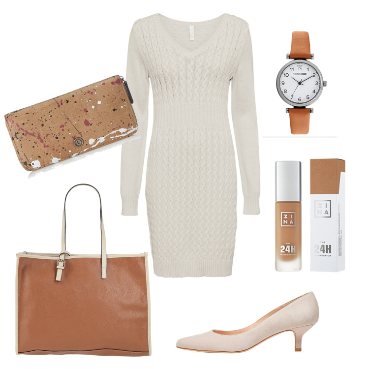 Outfit donna - E accessori. Stile Chic per Tutti i giorni. Abbinamento con vestiti, borse a mano, décolleté, portafogli, orologi, fondotinta.