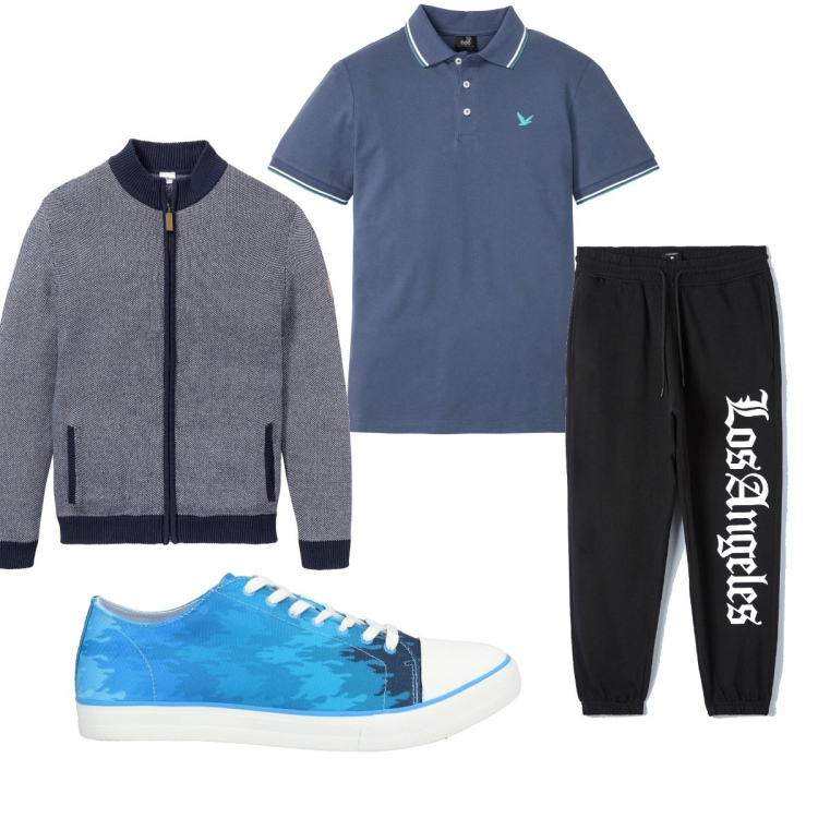 Outfit uomo - Total look #1593444. Stile Trendy per Sport. Abbinamento con polo, cardigans, sneakers, pantaloni.