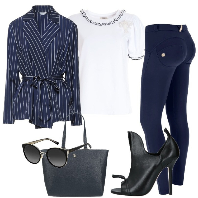 Outfit donna - occhiali da sole Tommy Hilfiger. Stile Sporty chic per Tutti i giorni. Abbinamento con blazer, stivaletti, borse a mano, t-shirt, pantaloni skinny, occhiali da sole.
