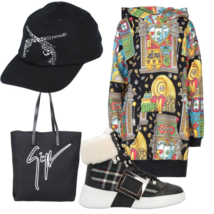 Outfit donna - Total look #1593505. Stile Urban per Tutti i giorni. Abbinamento con cappelli con visiera, vestiti corti, sneakers, borse a mano.