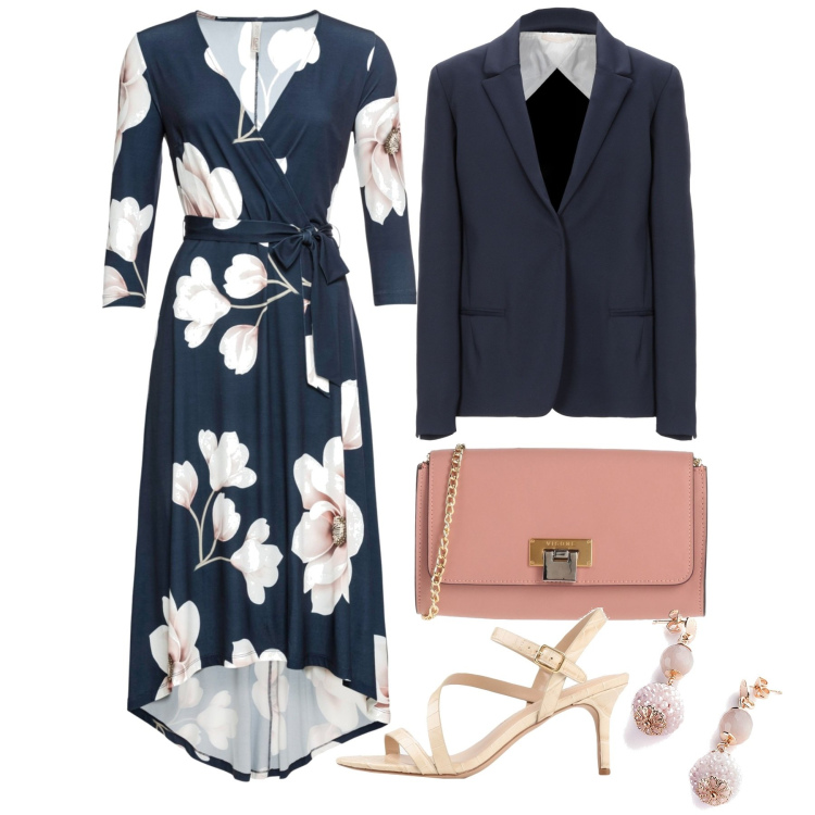 Outfit donna - Distinto blu. Stile Chic per Cerimonia. Abbinamento con vestiti lunghi, sandali col tacco, blazer, borse a tracolla, orecchini.