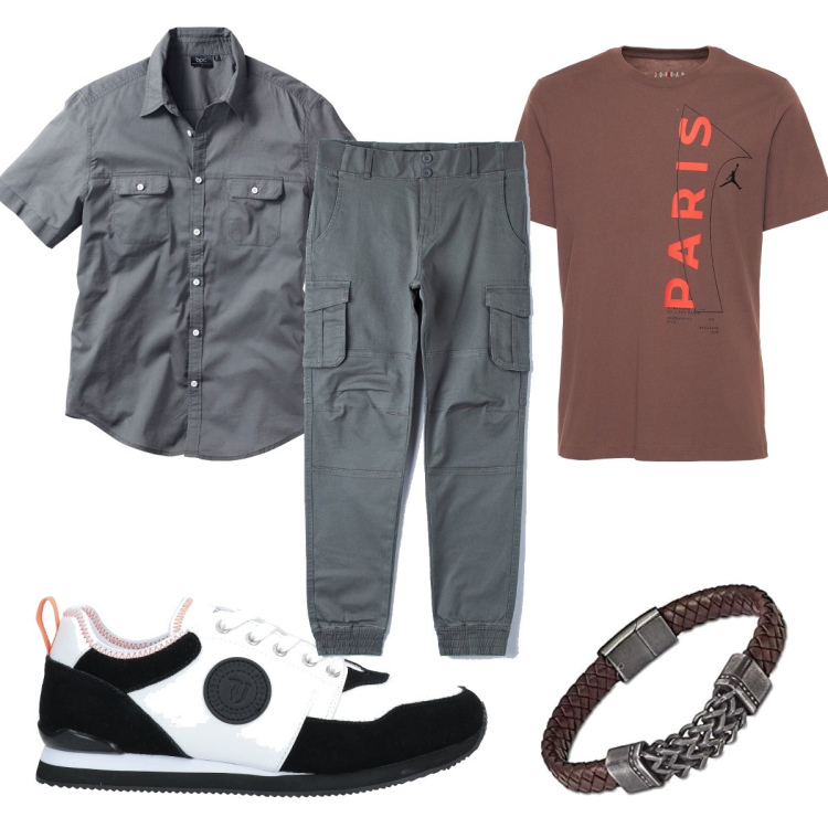 Outfit uomo - Urban #6410. Stile Urban per Tutti i giorni. Abbinamento con camicie a manica corta, sneakers, pantaloni cargo, braccialetti, t-shirt.