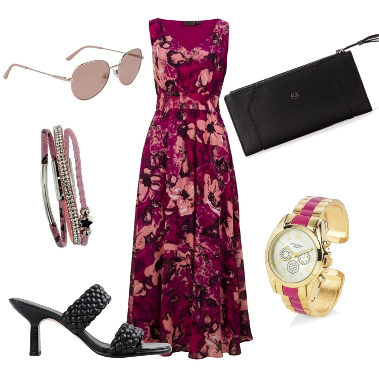 Outfit donna - Look fresco. Stile Glamour per Serata fuori. Abbinamento con vestiti lunghi, sandali col tacco, braccialetti, orologi, pochette, occhiali da sole.