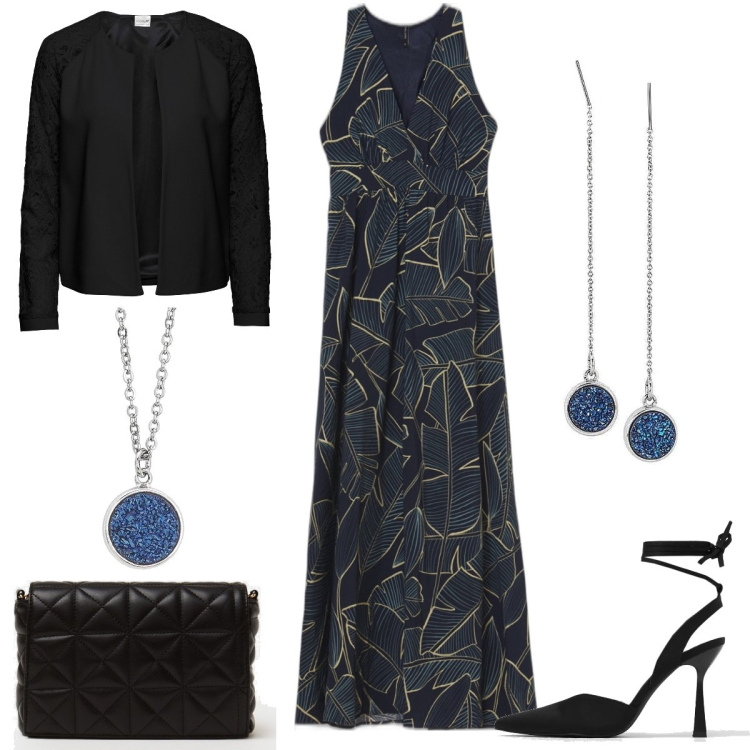 Outfit donna - Serata fuori. Stile Chic per Serata fuori. Abbinamento con blazer, orecchini, ciondoli, vestiti lunghi, décolleté, borse a spalla.