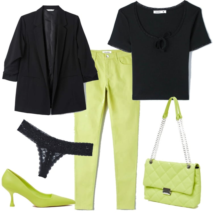 Outfit donna - Acido Acida. Stile Trendy per Serata fuori. Abbinamento con pantaloni skinny, blazer, culotte, t-shirt, borse a spalla, décolleté.
