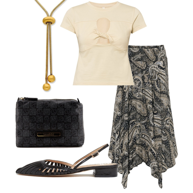 Outfit donna - Semplicemente io. Stile Casual chic per Serata fuori. Abbinamento con gonne longuette, maglieria, collane, pochette, sandali.