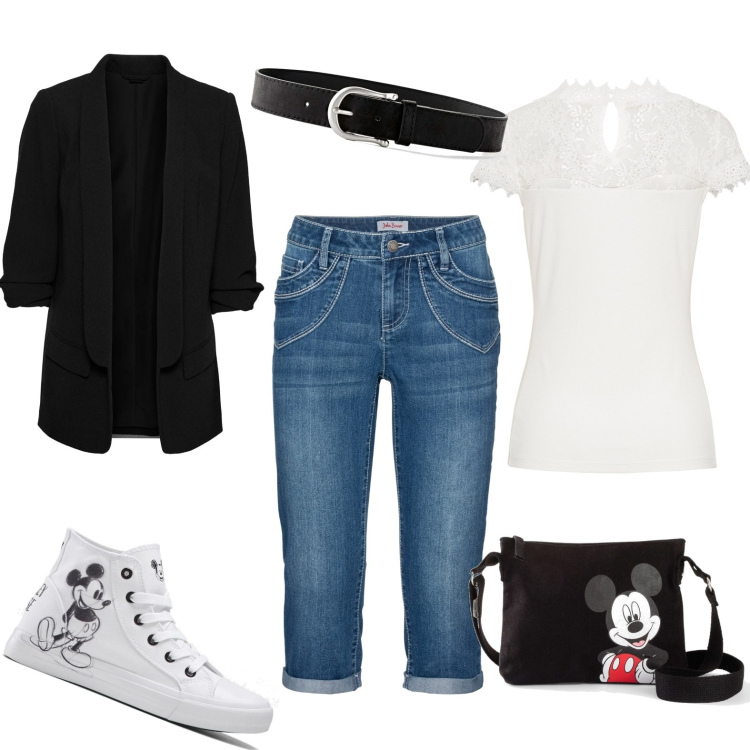 Outfit donna - La comodità è donna. Stile Urban per Tutti i giorni. Abbinamento con jeans dritti, blazer, cinture, maglieria, sneakers alte, borse a tracolla.
