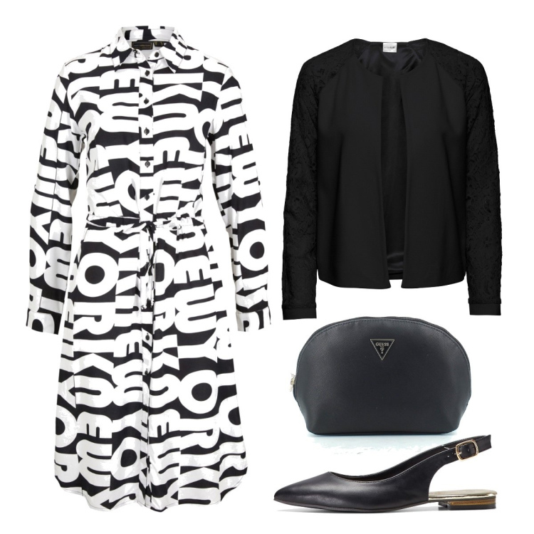 Outfit donna - Basic Black&White. Stile Bon Ton per Ufficio. Abbinamento con blazer, vestiti chemisier, ballerine, pochette.