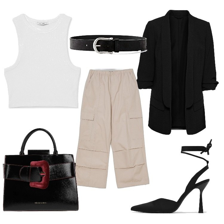 Outfit donna - Girly cargo. Stile Casual chic per Tutti i giorni. Abbinamento con cinture, blazer, borse a mano, pantaloni cargo, décolleté, top.