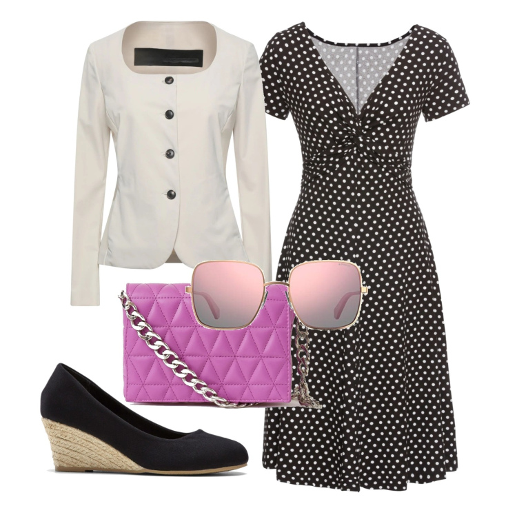 Outfit donna - Intramontabili pois. Stile Bon Ton per Tutti i giorni. Abbinamento con vestiti lunghi, décolleté, blazer, borse a spalla, occhiali da sole.