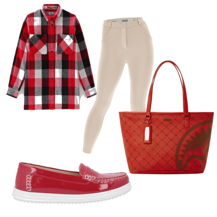 Outfit donna - Mocassino rosso lucido. Stile Basic per Tutti i giorni. Abbinamento con mocassini, camicie, borse tote, pantaloni skinny.