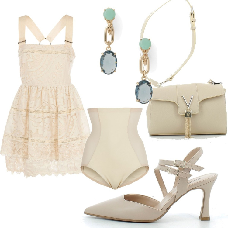 Outfit donna - Abito in pizzo beige. Stile Chic per Cerimonia. Abbinamento con culotte, top, sandali in pelle, borse a tracolla, orecchini.
