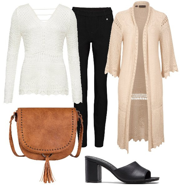 Outfit donna - Total look #1594190. Stile Boho per Serata fuori. Abbinamento con cardigans, ciabatte, maglieria, pantaloni skinny, borse a tracolla.