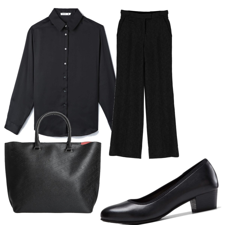 Outfit donna - Nero in ufficio. Stile Casual per Ufficio. Abbinamento con décolleté, borse a mano, camicie, pantaloni.