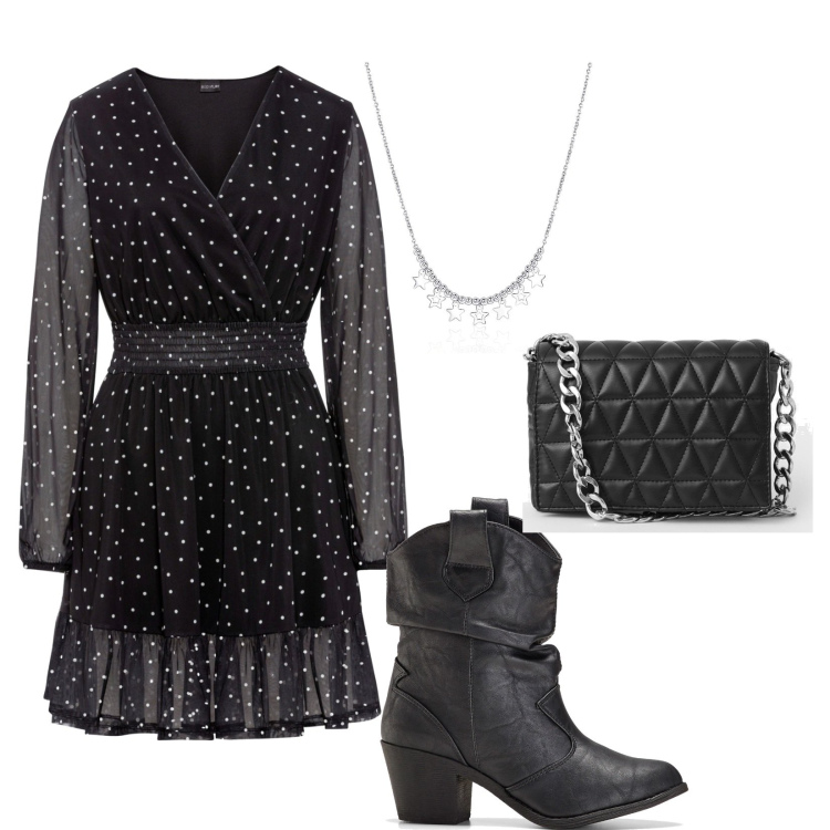 Outfit donna - Rockstar. Stile Casual chic per Tutti i giorni. Abbinamento con vestiti corti, stivaletti texani, collane, borse a spalla.