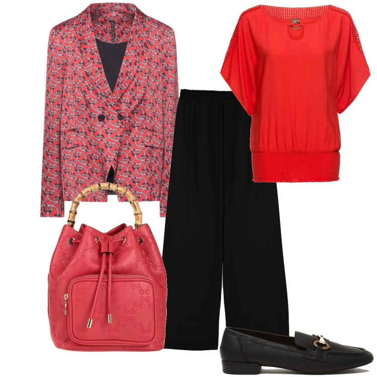 Outfit donna - Il manico in legno. Stile Bon Ton per Ufficio. Abbinamento con bluse, blazer, borse a mano, pantaloni a palazzo, mocassini.