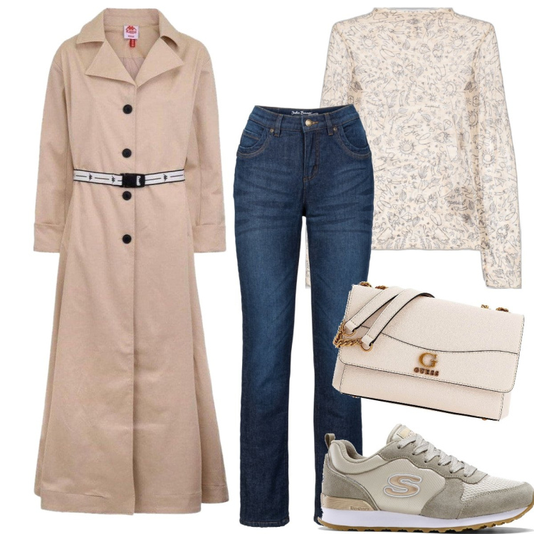 Outfit donna - Con il trench lunghissimo. Stile Urban per Tutti i giorni. Abbinamento con sneakers, jeans dritti, maglieria, cappotti, borse a tracolla.