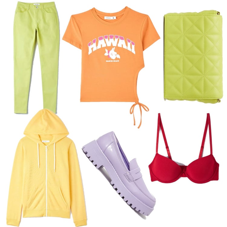 Outfit donna - L\'allegria del colore. Stile Casual chic per Tutti i giorni. Abbinamento con pantaloni skinny, reggiseni push-up, felpe con cappuccio, t-shirt, mocassini, borse a spalla.