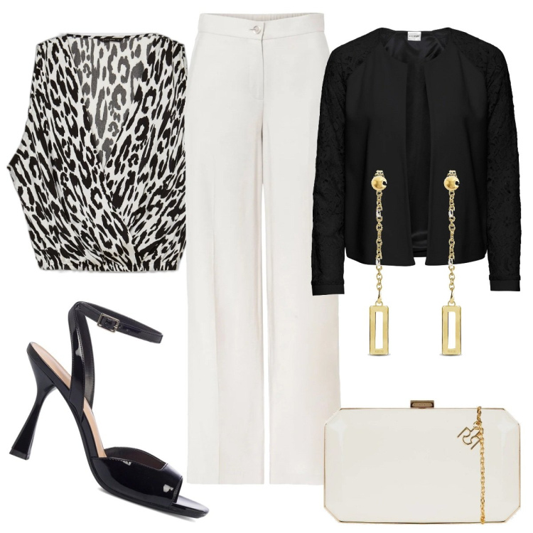 Outfit donna - la bluse animalier. Stile Casual chic per Serata fuori. Abbinamento con blazer, pantaloni a palazzo, clutch, orecchini, bluse, sandali in pelle.