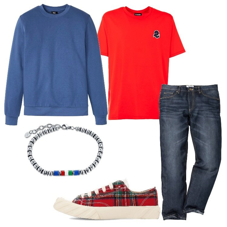 Outfit uomo - Il bracciale di acciaio. Stile Casual per Tutti i giorni. Abbinamento con jeans dritti, felpe, braccialetti, t-shirt, sneakers.