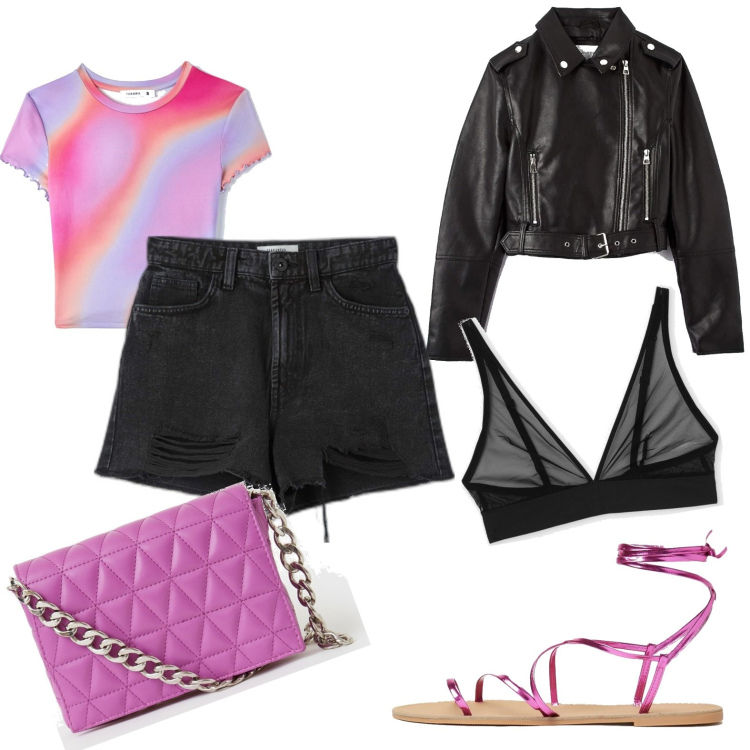 Outfit donna - Rock sexy. Stile Sexy per Serata fuori. Abbinamento con pantaloni corti, cappotti, t-shirt, bralette, borse a spalla, sandali alla schiava.