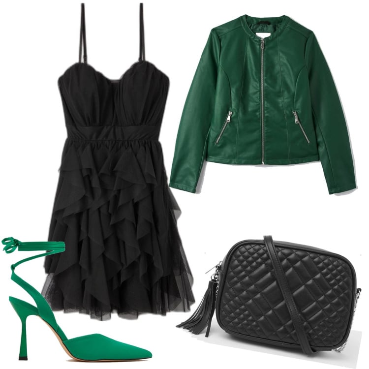 Outfit donna - Serata rock. Stile Rock per Serata fuori. Abbinamento con cappotti, vestiti, borse a tracolla, décolleté.